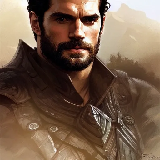 Image similar to Henry Cavill is a rugged ranger, D&D, muscular, bare thighs, fantasy, intricate, elegant, highly detailed, digital painting, artstation, concept art, smooth, sharp focus, illustration, art by artgerm and greg rutkowski and alphonse mucha