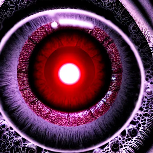 Image similar to a detailed extremely close up of inside the iris, cornea, red image, microscopic, extremely close up drawing by junji ito, cgsociety, generative art, lovecraftian, parallax, cosmic horror, extremely detailed, hyperrealism, unreal engine, octane render, award winning, masterpiece, highly detailed, realistic, 4 k, digital