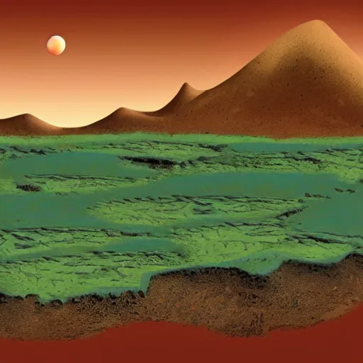 Image similar to Prehistoric Martian landscape, greenery, ocean scene, iron-rich soil on Mars