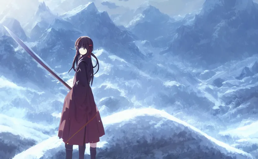 Image similar to An anime girl holding a sword, standing on a mountaintop in the snow, anime scenery by Makoto Shinkai, digital art