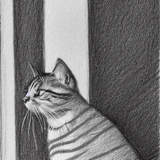 Image similar to a tabby cat named clarence laying on a table looking out the window, it is a sunny day, in the style of a hand drawn pencil sketch