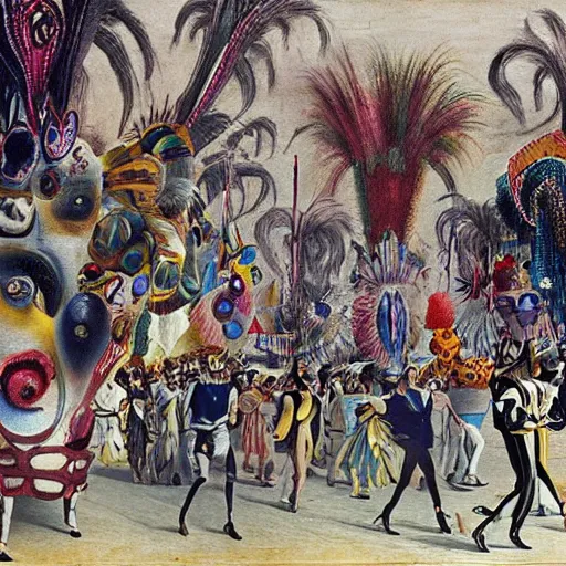 Prompt: feverish allucinations on a carnival parade by dali