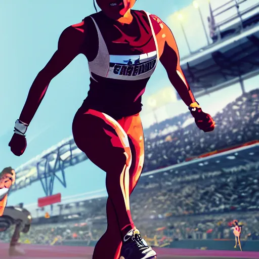 Image similar to Female athlete sprinter in a race with cyborg legs, cinematic stillframe, diesel punk, art deco stadium, artstation, contrasty, anime, otomo