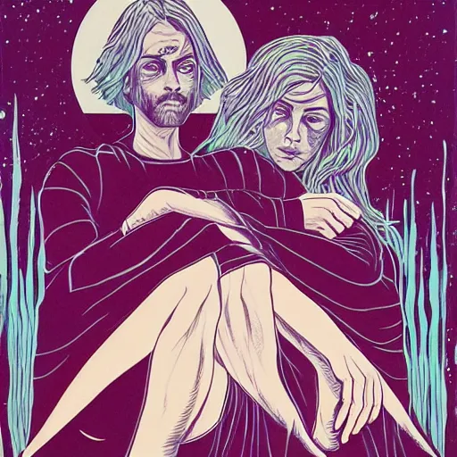 Image similar to Two lovers channeling third eye energy in the living room. They are feeling vulnerable in their love, hoping that their struggles will bring the best out of their love. There are other people in the room looking sinister and laughing at them. screen print by martine johanna and moebius, artstation