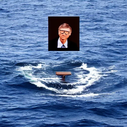 Image similar to a bill gates in the middle of the sea in the style of richard serra