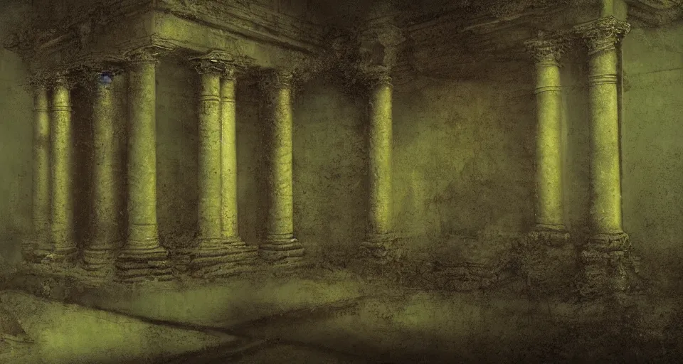 Prompt: Dark and green Ancient neoclassical temple ruins. By (Rembrandt painting(100)(fractal flame)), highly detailded