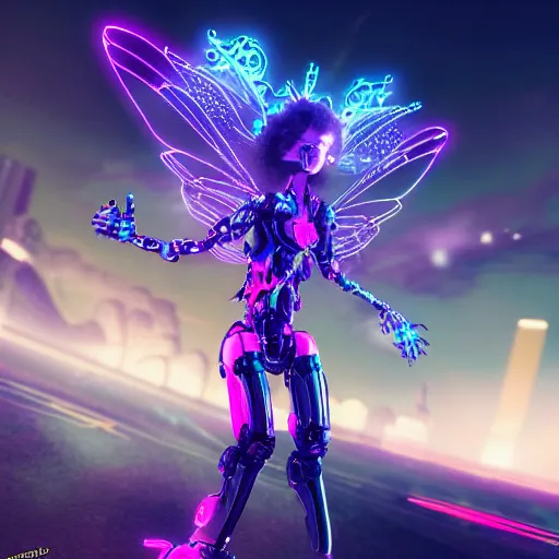 Prompt: A robotic fairy flying, neon, futuristic, intricate details, unreal engine , realistic