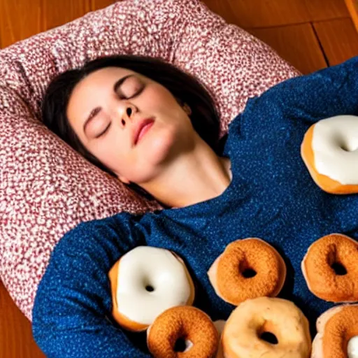 Image similar to A woman sleeping on a bed made of doughnuts