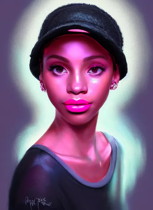 Image similar to portrait of teenage vanessa morgan with bright pink hair, black girl, vanessa morgan, curly pixie cut hair, wearing newsboy cap, newsboy cap, hoop earrings, intricate, elegant, glowing lights, highly detailed, digital painting, artstation, concept art, smooth, sharp focus, illustration, art by wlop, mars ravelo and greg rutkowski