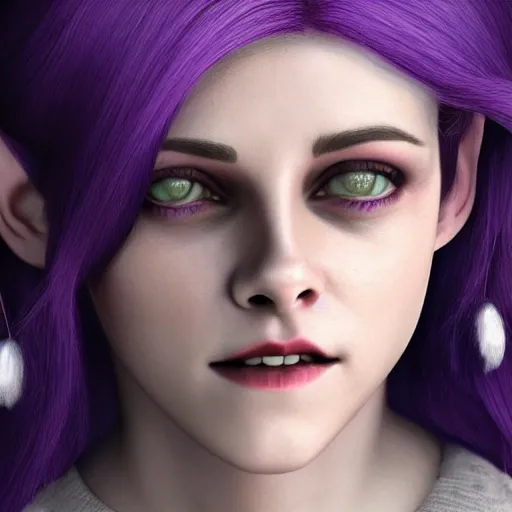 Image similar to Purple skinned Kristen Stewart as a smiling Elf wizard with ((white)) hair. smooth purple skin!, + purple skin Photorealistic digital art trending on artstation, artgem, 4k HD.