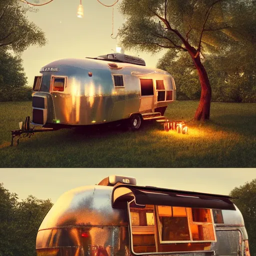Image similar to treehouse made of a vintage airstream, fairy lights, fine art, cinematic lighting, hyperdetailed, photorealistic, high resolution, cozy!, award winning, featured in artstation, octane render