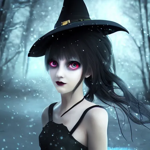 Image similar to focus face portrait of beautiful darkness witch 3D anime girl, dark forest background, snowing, bokeh, inspired by Tim Burton, digital painting, unreal engine render, volumetric light, high détail