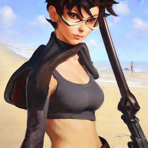 Prompt: greg manchess portrait painting of tracer from overwatch as 2 b nier automata on the beach holding a sword, organic painting, sunny day, matte painting, bold shapes, hard edges, street art, trending on artstation, by huang guangjian and gil elvgren and sachin teng