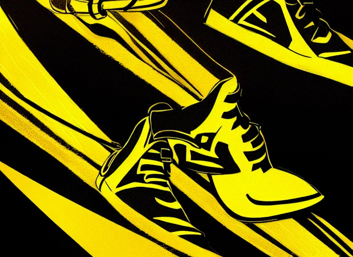 Image similar to glowing black sneaker, wth short golden lines, yellow details, symmetrical, highly detailed, digital art, sharp focus, trending on art station, samurai, electricity superpowers, anime art style