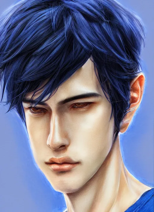 Image similar to handsome young man with short black hair, male, dressed in blue, looking down, half body shot, arms down, path traced, highly detailed, high quality, digital painting, ayami kojima