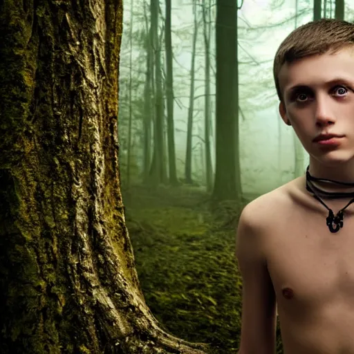 Image similar to a teenage boy, around 1 9 yo. choker necklace. natural brown hair. loincloth, pale skin. detailed face. scar on chest. ominous and eerie looking forest in background. natural colors. hyperrealistic photo.