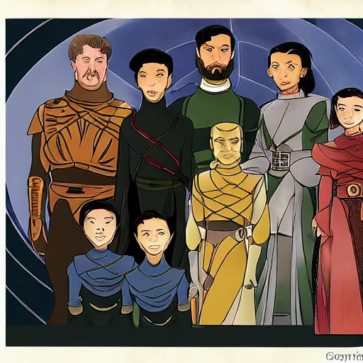 Image similar to family portrait of duke leto atreides and prince paul atreides, dune, aristocratic, space opera, in the style of yamato - e, tosa school, tosa mitsuoki, tosa mitsunobu, iwasa matabei, awataguchi takamitsu.