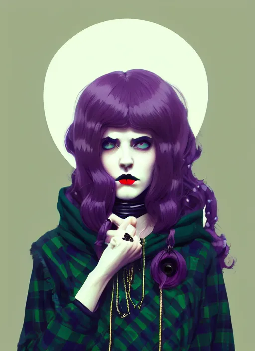 Prompt: highly detailed portrait of a goth young woman with black lips and pronounced chest, tartan hoody, photographic realistic background, ringlet hair by atey ghailan, by greg rutkowski, by greg tocchini, by james gilleard, by joe fenton, by kaethe butcher, gradient purple, cream and white color scheme, trending in instagram, award winning details