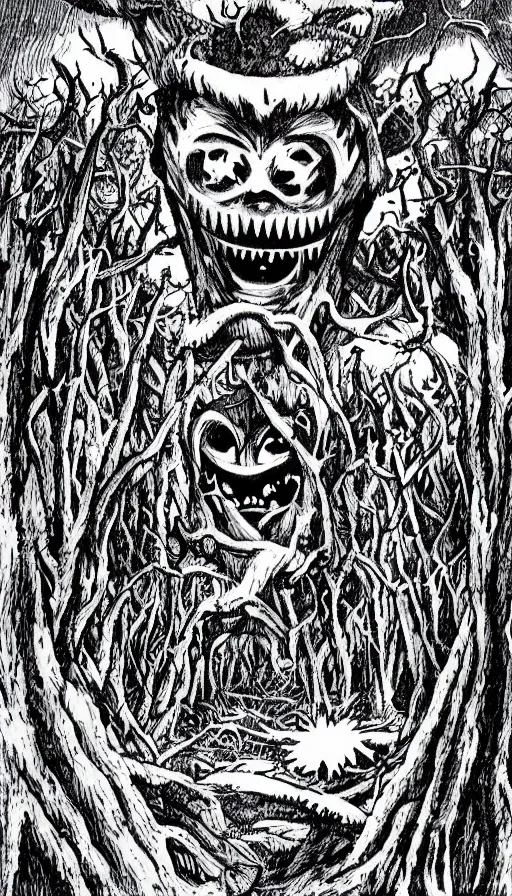 Prompt: a storm vortex made of many demonic eyes and teeth over a forest, by yoshihiro togashi