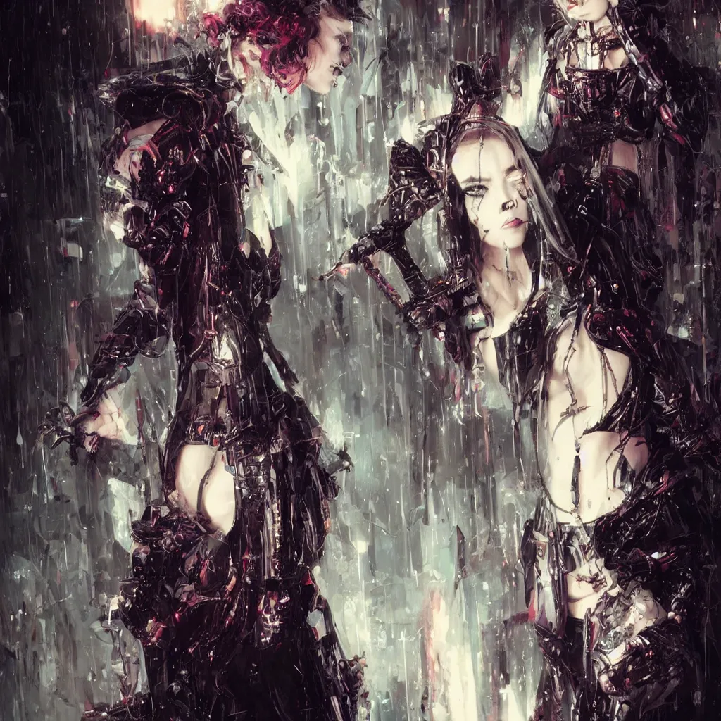 Prompt: fashionable gothic domme mistress, portrait, latex, cyberpunk altar, spikes by greg rutkowski, by yoshitaka amano, super - detail