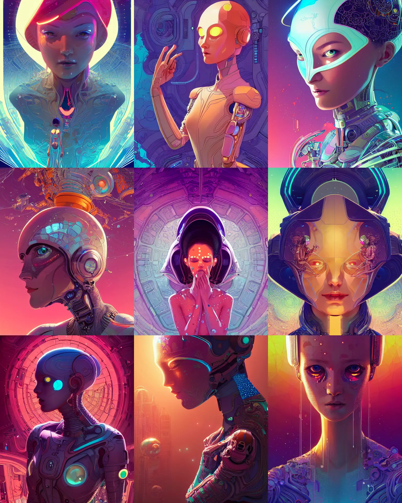 Prompt: detailed, beautiful female android in tears, crying. scifi, fantasy, intricate detailed environment, global illumination, vector art, concept art, digital illustration. by moebius abnd james jean and artgerm and wlop and liam brazier and victo ngai and tristan eaton.