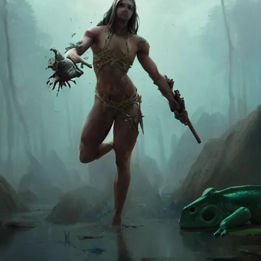 Image similar to scary godlike fairy killing a frog , muscular , upper body , epic , traditional makeup , gorgeous features , Post-processing , low angle , Greg rutkowski legendary matte painting , masterpiece