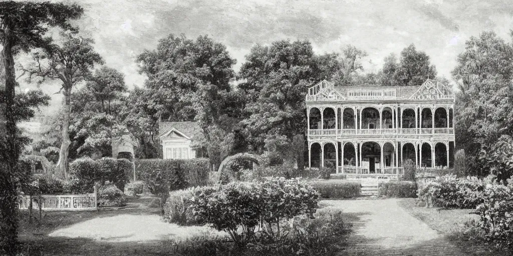 Image similar to a highly detailed photograph of a house from the 1880s surrounded by beautiful gardens, view from ground level, elegant, ornate, daytime, beautifully lit scene