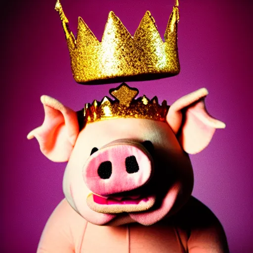 Image similar to !dream studio photograph of a pig wearing a gold crown eating bacon depicted as a muppet