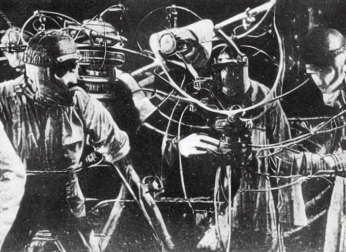 Prompt: scene from the 1913 science fiction film WarGames