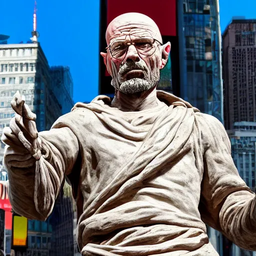 Prompt: extree long - shot photograph of a very detailed renaissance clay sculpture of walter white wearing a phrygian cap in times square, made by michelangelo, hyper detailed, sharp focus, 8 k resolution, ray tracing