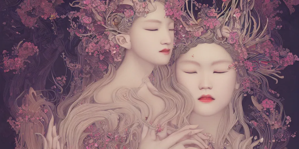 Prompt: breathtaking detailed concept art painting art deco pattern of blonde faces goddesses amalgamation flowers, by hsiao - ron cheng, bizarre compositions, exquisite detail, extremely moody lighting, 8 k