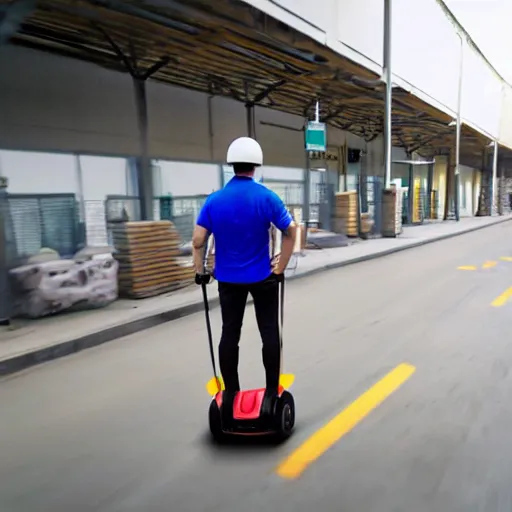 Prompt: human segway driving through an industrial environment delivering packages