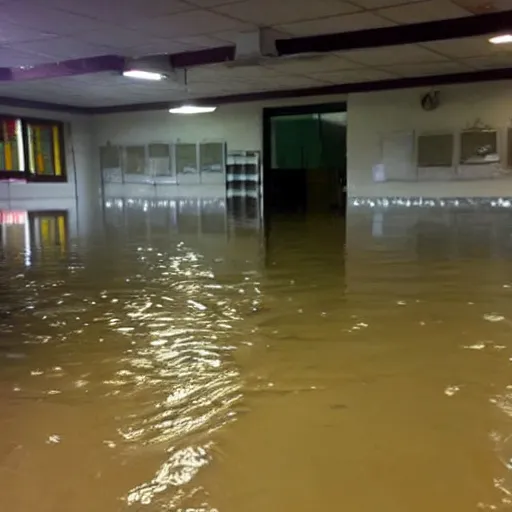 Prompt: photo of a classroom, the floor is flooded with one meter deep water. in the background there is a scary dark mysterious monster!!!!!!!!!!!!!!!!!!!!!!!!!!!! eerie