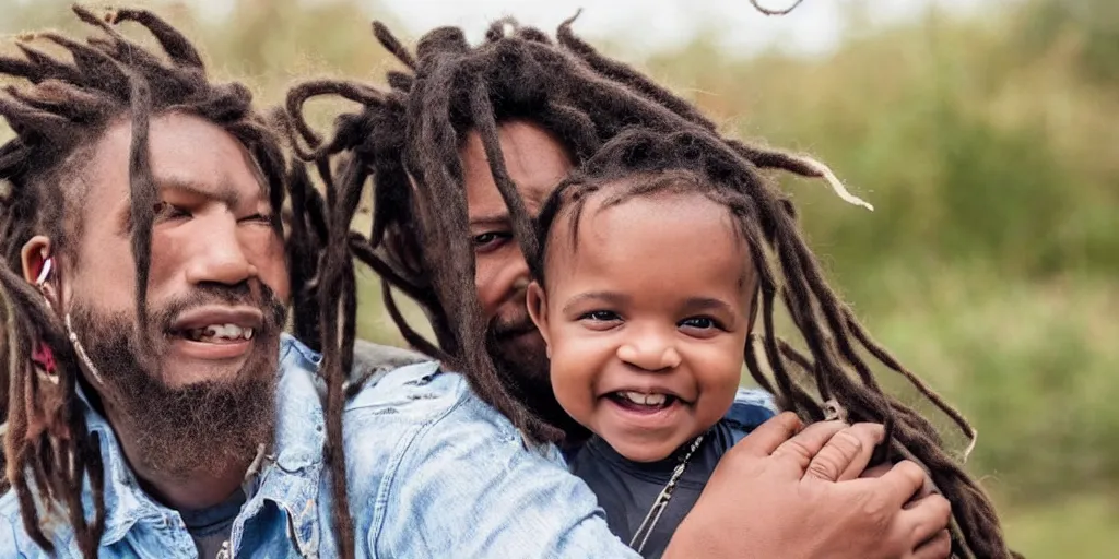 Prompt: a baby with dreadlocks, carried by his dad