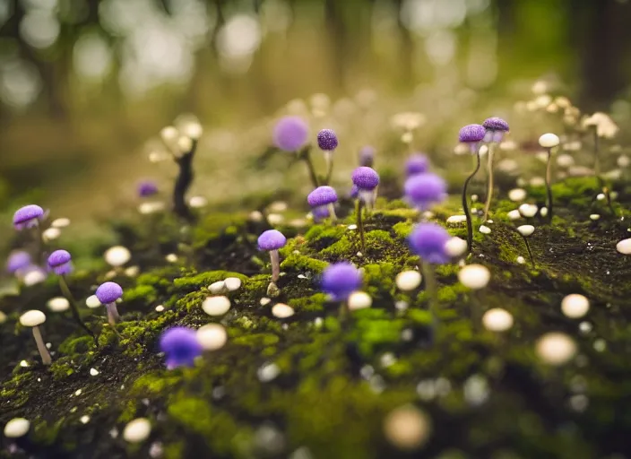 Image similar to a fantasy forest on an alien planet with delicate flowers and mushrooms that glow in the dusk, macro close up, bokeh,