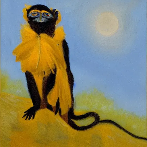 Prompt: long - eared monkey - crow creature wearing a raincoat, tonalist painting, ultramarine blue and hansa yellow, dramatic lighting