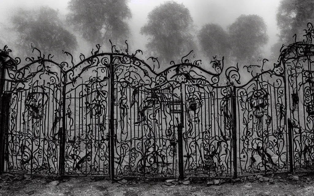 Prompt: skulls placed in a row on a wrought iron gate, in the background a dilapidated house surrounded by tombstones, fog, gloomy atmosphere tim burton style