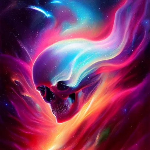 Prompt: the flow of the nebula universe is what forms the ancient preist skull, by ross tran, oil on canvas