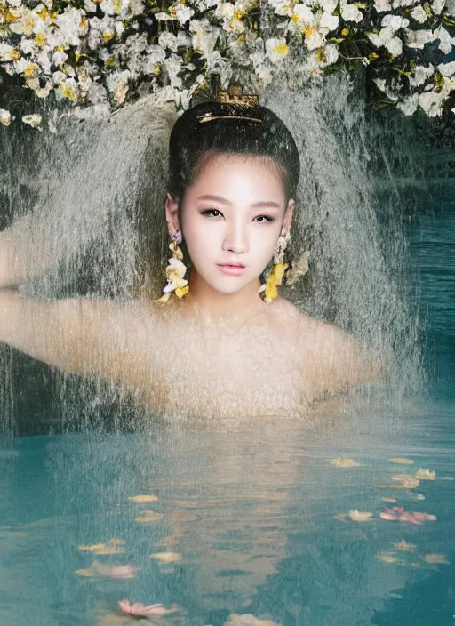 Image similar to Kodak Portra 400, 8K, soft light, volumetric lighting, highly detailed, KPOP style 3/4 ,portrait photo of LalisaManobal princess, the face emerges from a thermal water flowing down gold travertine terraces, with lotus flowers, inspired by Ophelia paint , a beautiful luxurious royal suit, intricate hair with highly detailed realistic beautiful flowers , Realistic, Refined, Highly Detailed, ethereal lighting colors scheme, outdoor fine art photography, Hyper realistic, photo realistic