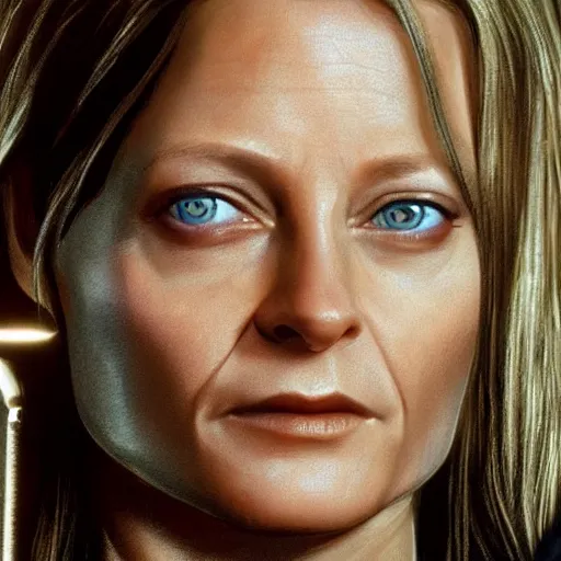 Image similar to jodie foster as lara croft, 8 k, realistic, high detail, hd face