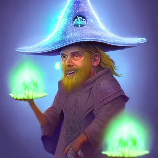 Prompt: a very detailed realistic digital painting of a wizard wearing a bioluminescent mushroom hat. Casting a spell. Trending on Artstation.