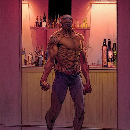 Prompt: a beautiful artwork of a man entering a bar, by Jerome Opeña, featured on artstation