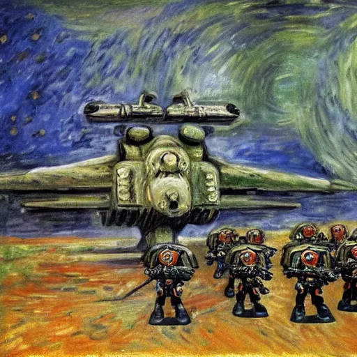 Prompt: a painting of a warhammer 4 0 k space marine squadron, by monet, munch,