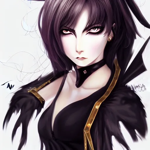 Image similar to front-facing headshot of a young gothic anime woman with black hair and golden highlights, wearing pretty makeup, drawn by WLOP, by Avetetsuya Studios, anime drawing, trending on artstation