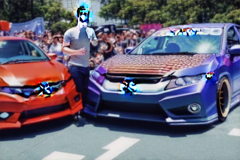 Image similar to mark Zuckerberg and his anime wrapped honda civic at a car show