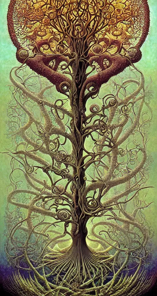 Image similar to tree of life by roger dean and andrew ferez, art forms of nature by ernst haeckel, divine chaos engine, symbolist, visionary, art nouveau, botanical fractal structures, organic, detailed, realistic, surreality