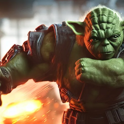 Image similar to yoda as the hulk the hulk in gears of war, splash art, movie still, cinematic lighting, dramatic, octane render, long lens, shallow depth of field, bokeh, anamorphic lens flare, 8 k, hyper detailed, 3 5 mm film grain