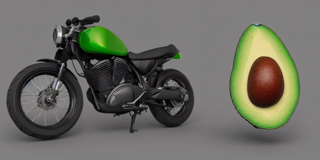 Prompt: a motorbike in the shape an avocado!, vehicle product photo!!, 8k!!,amazing quality!!! Unreal engine 5!!! Studio lighting!!! Cinema 4D!! Parking garage lighting! Real life picture!! Creativity!!!!