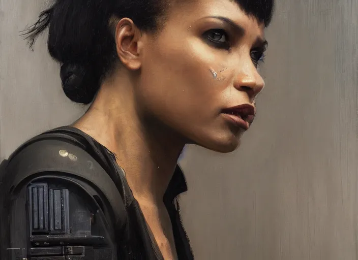 Prompt: Maria igwe. Cyberpunk female hacker wearing stealth suit hiding from police patrol (blade runner 2049, cyberpunk 2077). Orientalist portrait by john william waterhouse and James Gurney and Theodore Ralli and Nasreddine Dinet, oil on canvas. Cinematic, hyper realism, realistic proportions, dramatic lighting, high detail 4k