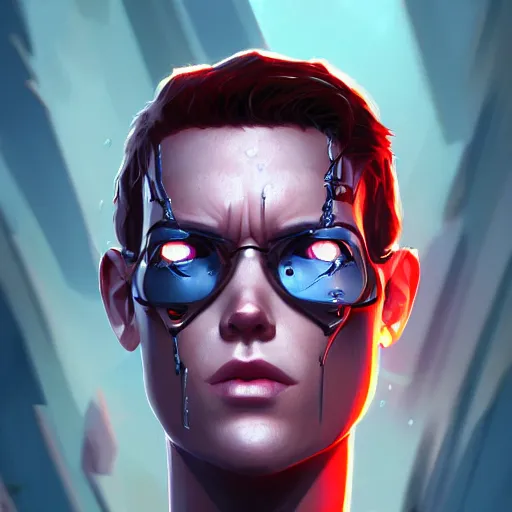 Prompt: portrait of metal ryan reinolds, terminator red eyes, mattepainting concept blizzard pixar maya engine on stylized background splash comics global illumination lighting artstation lois van baarle, ilya kuvshinov, rossdraws